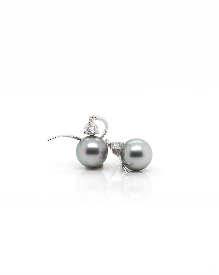 Ogden of Harrogate Jewellery 18ct White Gold Tahitian Pearl & Diamond Shepherd Hook Earrings