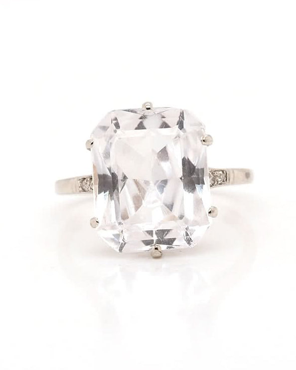 Ogden of Harrogate Jewellery 18ct White Gold White Quartz and Diamond Shoulder Ring Circa 1930