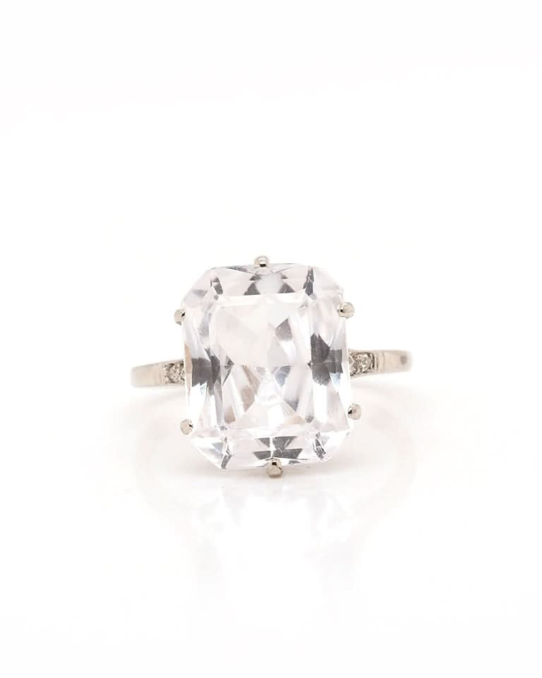 Ogden of Harrogate Jewellery 18ct White Gold White Quartz and Diamond Shoulder Ring Circa 1930