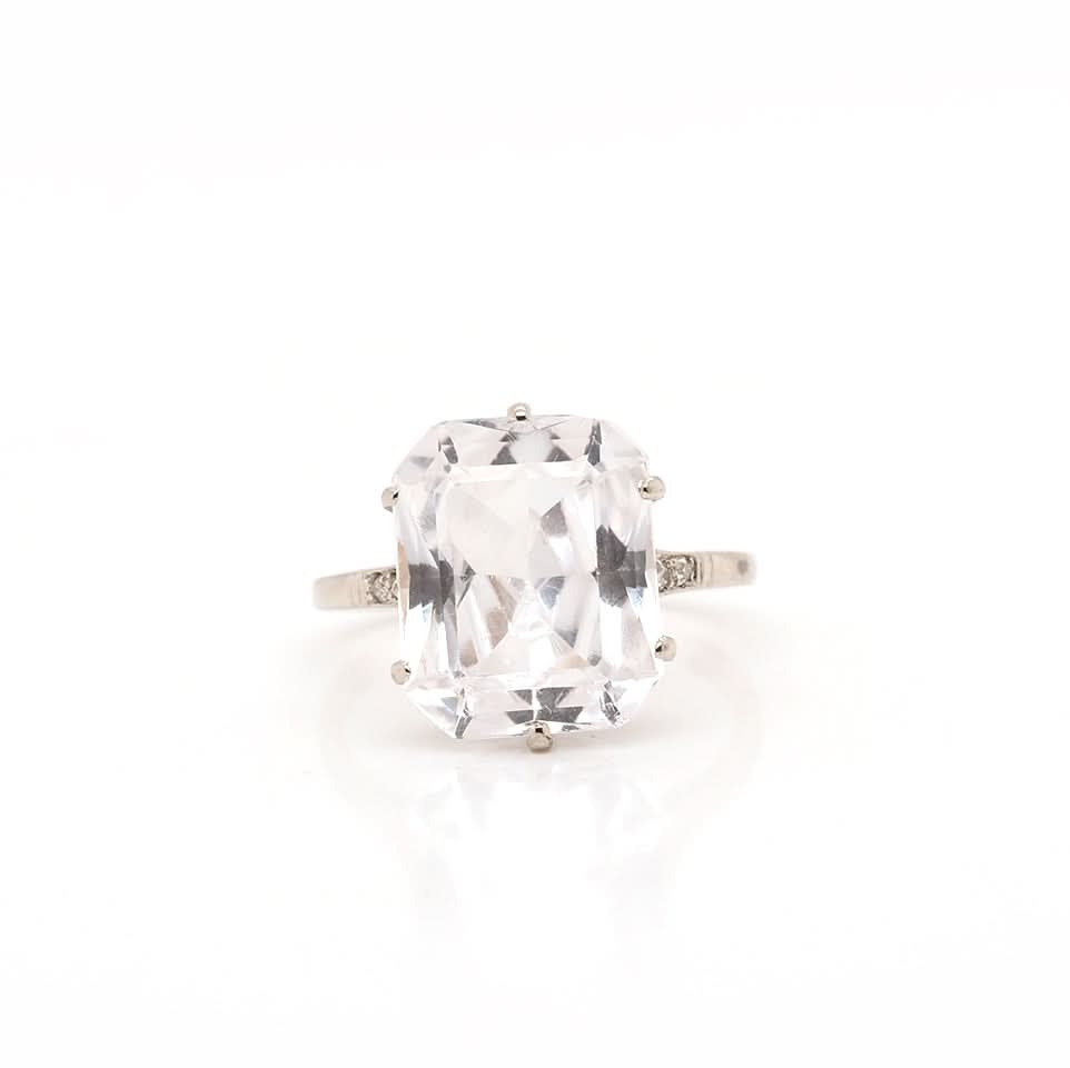 Ogden of Harrogate Jewellery 18ct White Gold White Quartz and Diamond Shoulder Ring Circa 1930