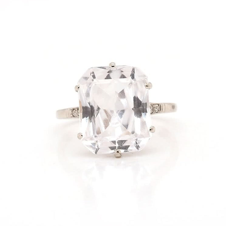 Ogden of Harrogate Jewellery 18ct White Gold White Quartz and Diamond Shoulder Ring Circa 1930