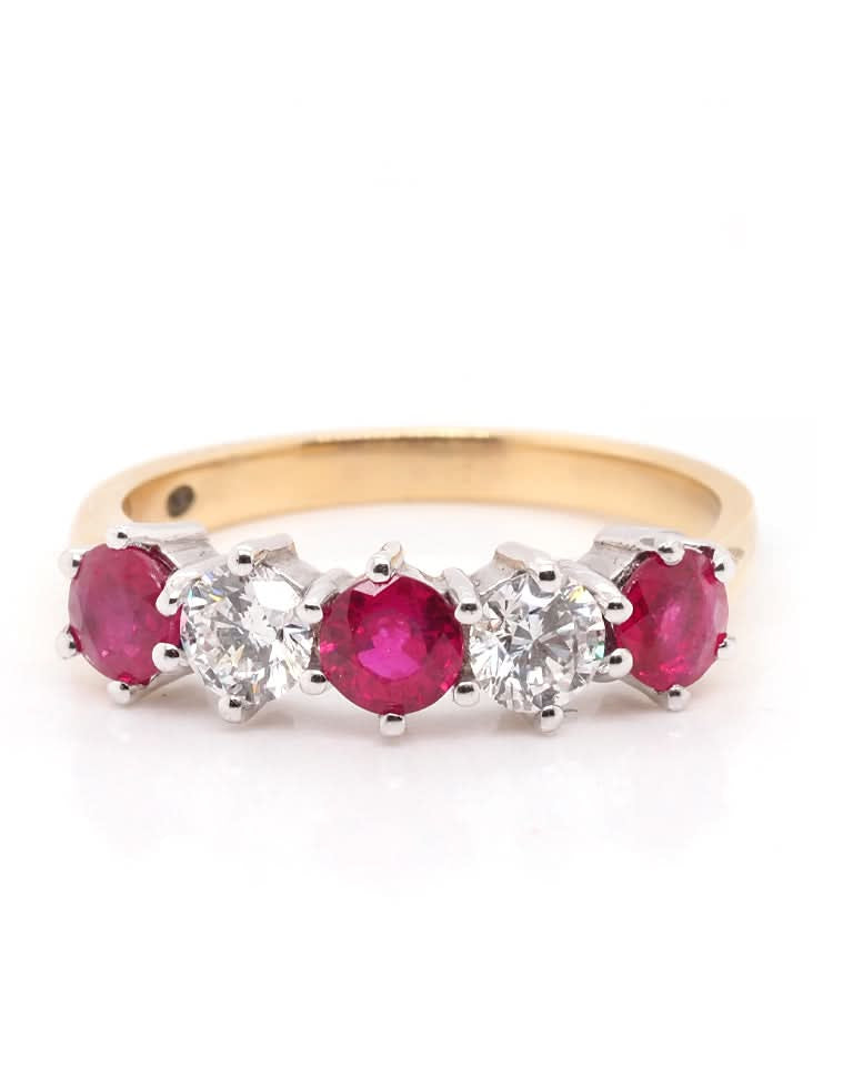 Ogden of Harrogate Jewellery 18ct Yellow Gold Alternating Ruby and Diamond 5-Stone Ring – 1.06ct Ruby, 0.53ct Diamond