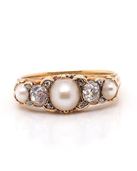 Ogden of Harrogate Jewellery 18ct Yellow Gold Diamond and Natural Pearl Ornate Ring Circa 1900