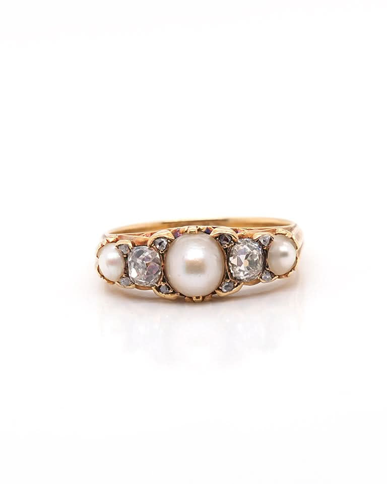 Ogden of Harrogate Jewellery 18ct Yellow Gold Diamond and Natural Pearl Ornate Ring Circa 1900