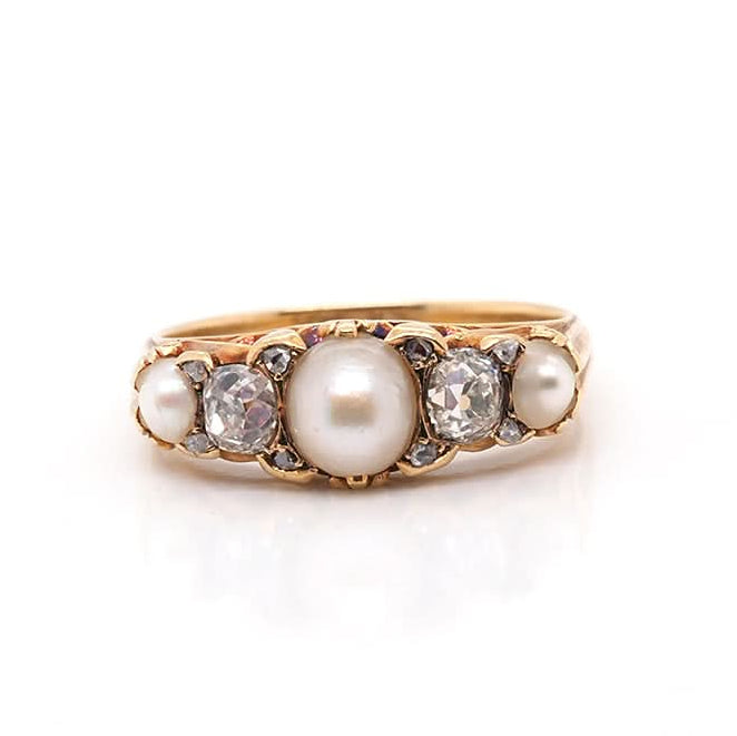 Ogden of Harrogate Jewellery 18ct Yellow Gold Diamond and Natural Pearl Ornate Ring Circa 1900