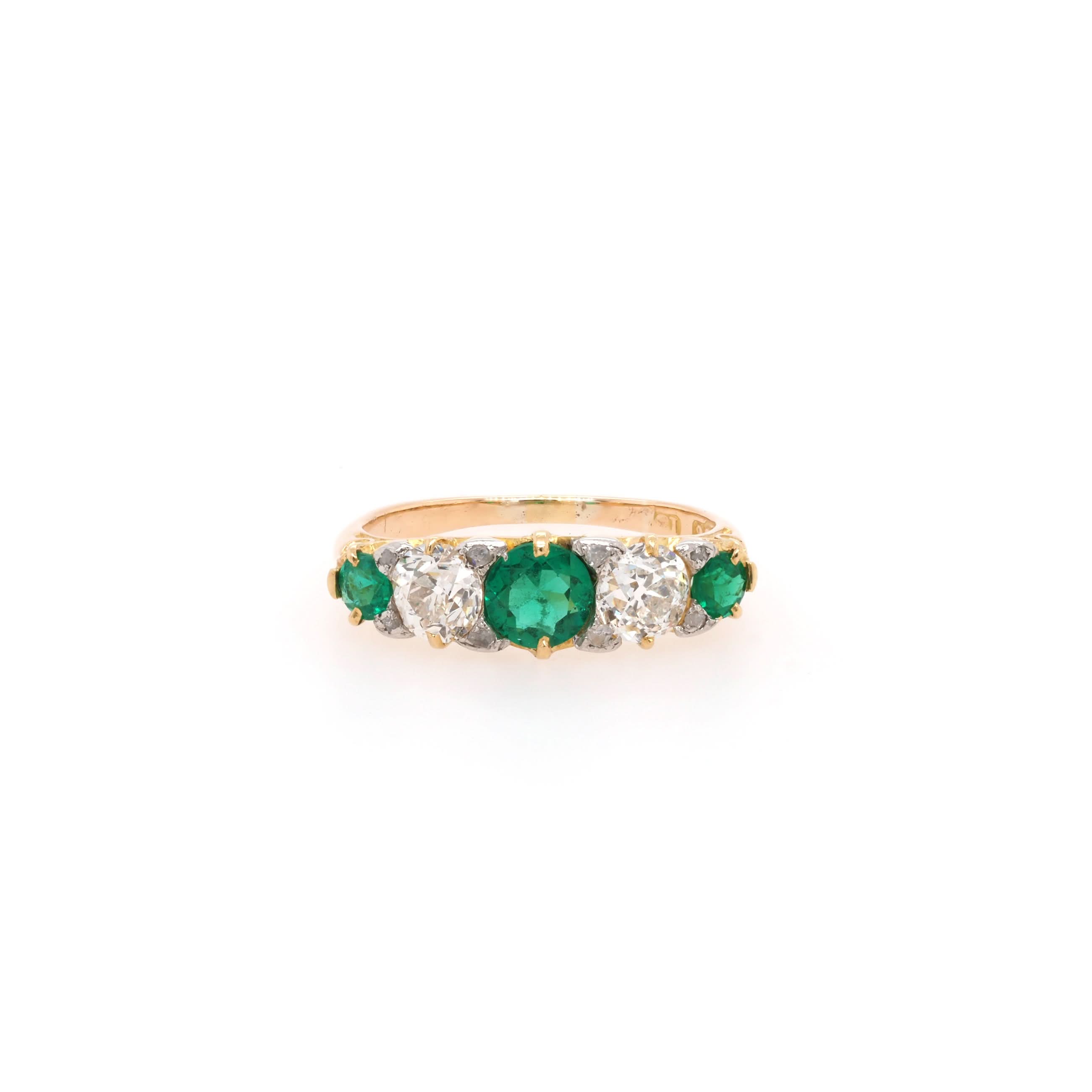Ogden of Harrogate Jewellery 18ct Yellow Gold Emerald and Diamond Five-Stone Ring, c.1900
