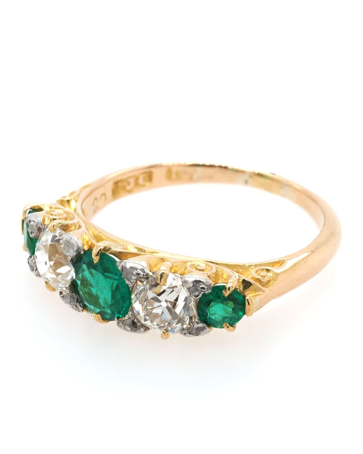 Ogden of Harrogate Jewellery 18ct Yellow Gold Emerald and Diamond Five-Stone Ring, c.1900