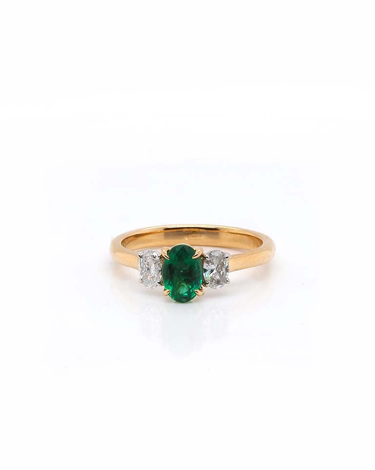 Ogden of Harrogate Jewellery 18ct Yellow Gold Fine Oval Emerald & Diamond Three-Stone Ring