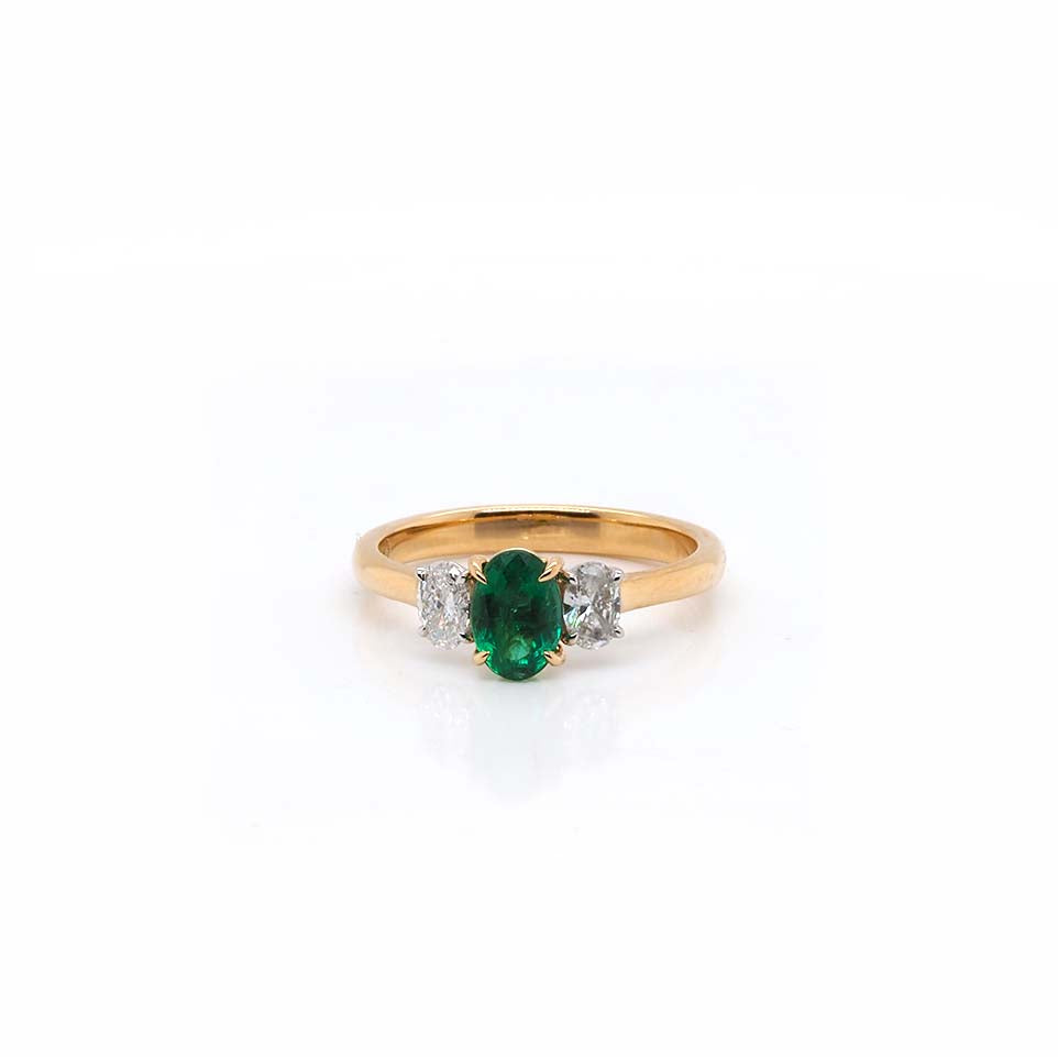 Ogden of Harrogate Jewellery 18ct Yellow Gold Fine Oval Emerald & Diamond Three-Stone Ring