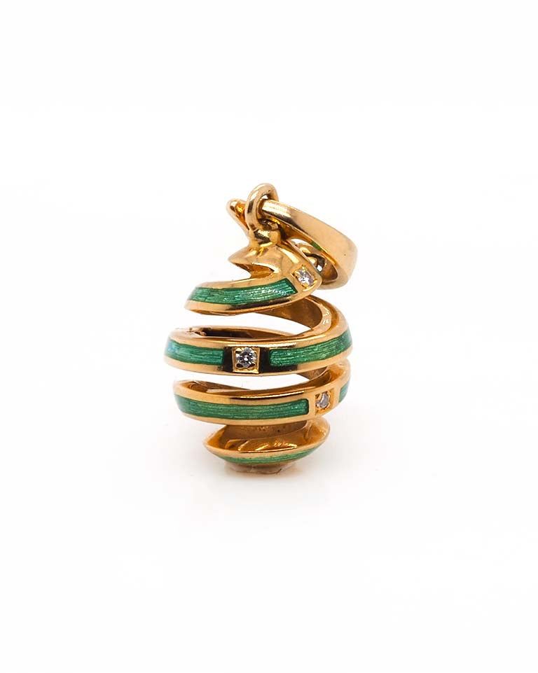 Ogden Of Harrogate Jewellery 18ct Yellow Gold Green Enamel & Diamond-Set Spiral Fabergé Egg Pendant