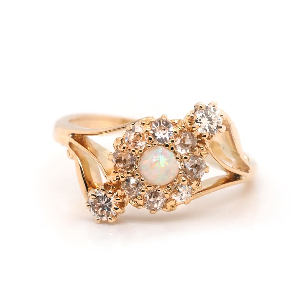 Ogden of Harrogate Jewellery 18ct Yellow Gold Opal and Diamond Set Crossover Ring C.1911