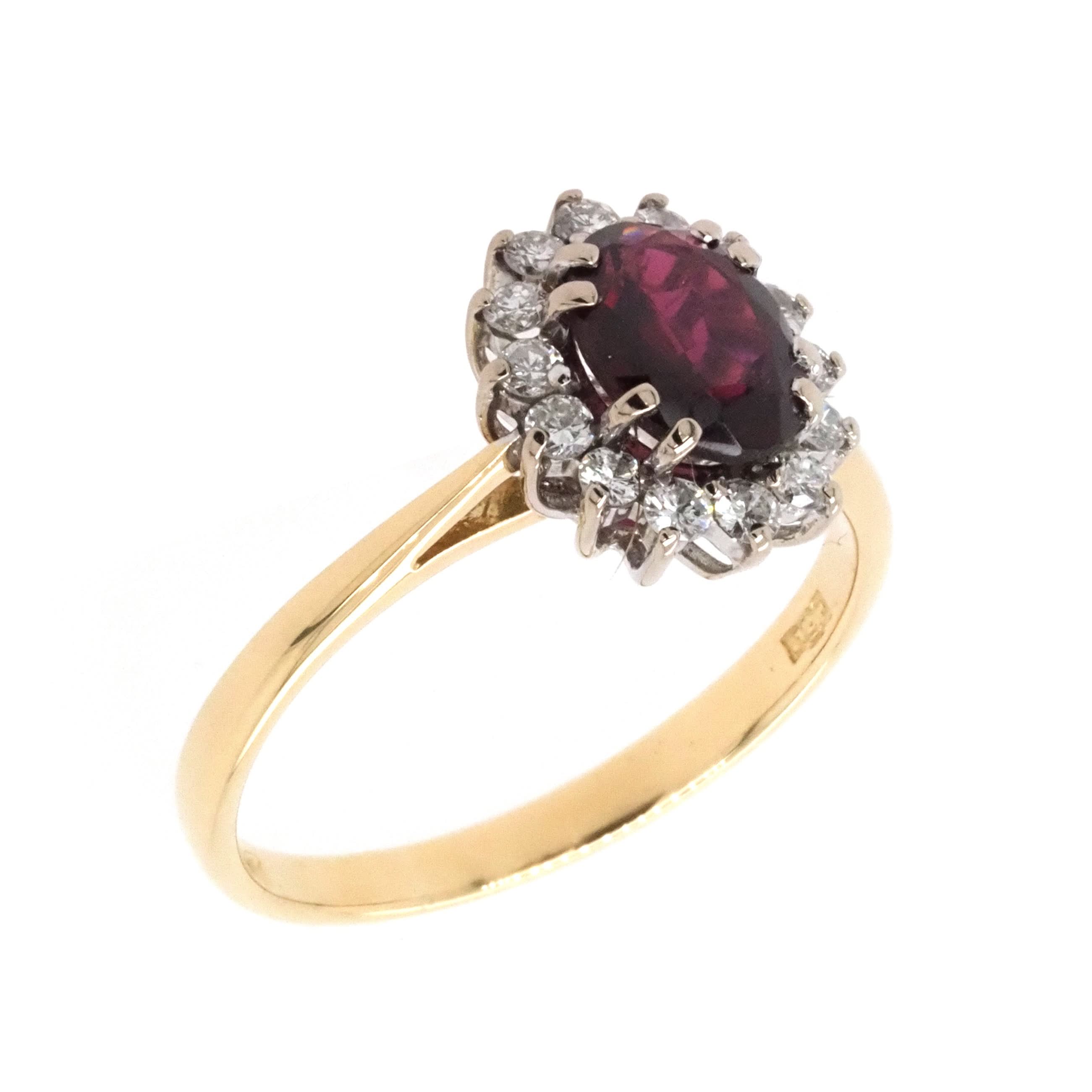Ogden of Harrogate Jewellery 18ct Yellow Gold Oval Garnet and Diamond Cluster Ring