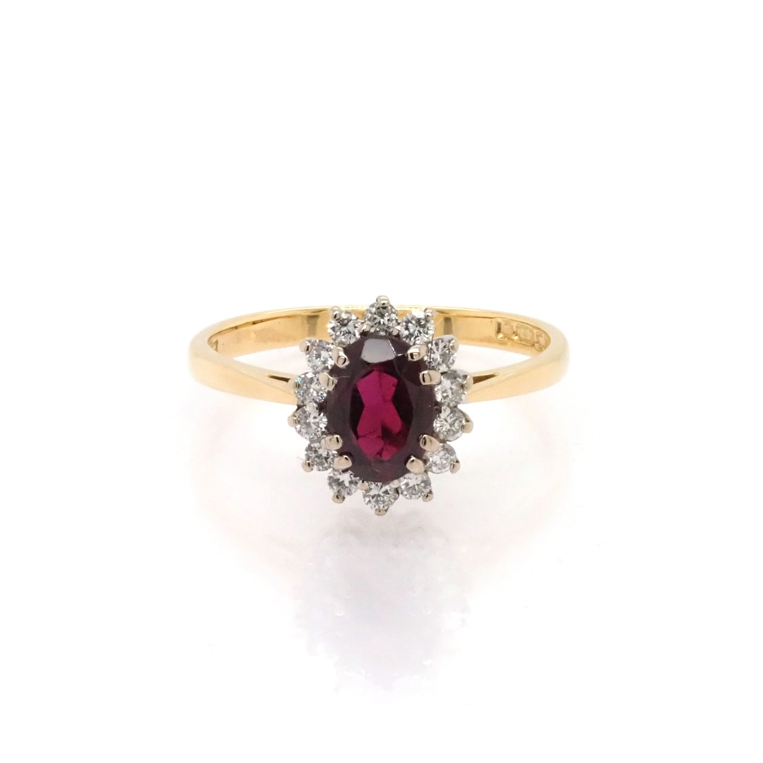 Ogden of Harrogate Jewellery 18ct Yellow Gold Oval Garnet and Diamond Cluster Ring