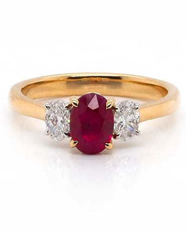 Ogden of Harrogate Jewellery 18ct Yellow Gold Oval Ruby & Diamond Three-Stone Ring