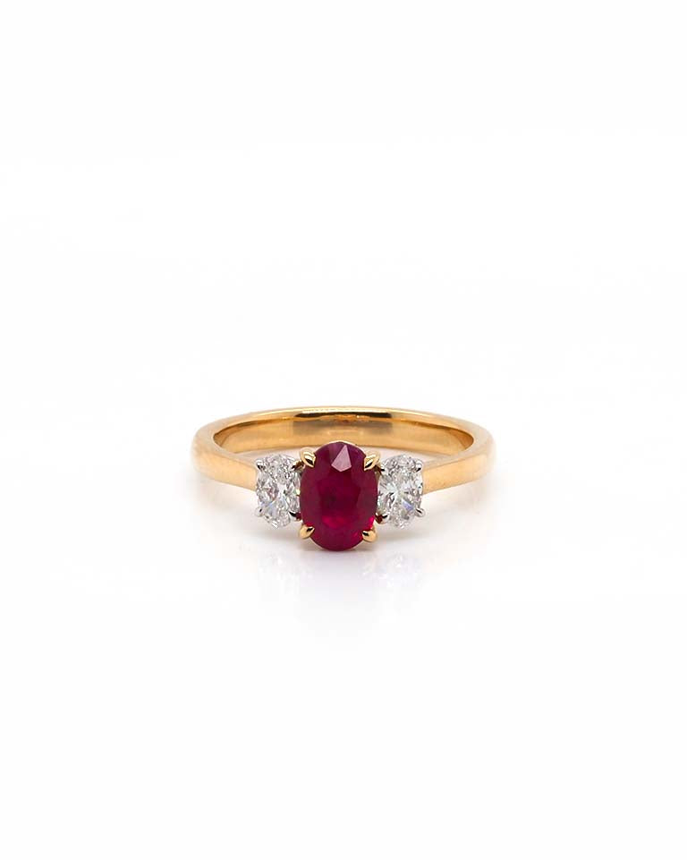 Ogden of Harrogate Jewellery 18ct Yellow Gold Oval Ruby & Diamond Three-Stone Ring