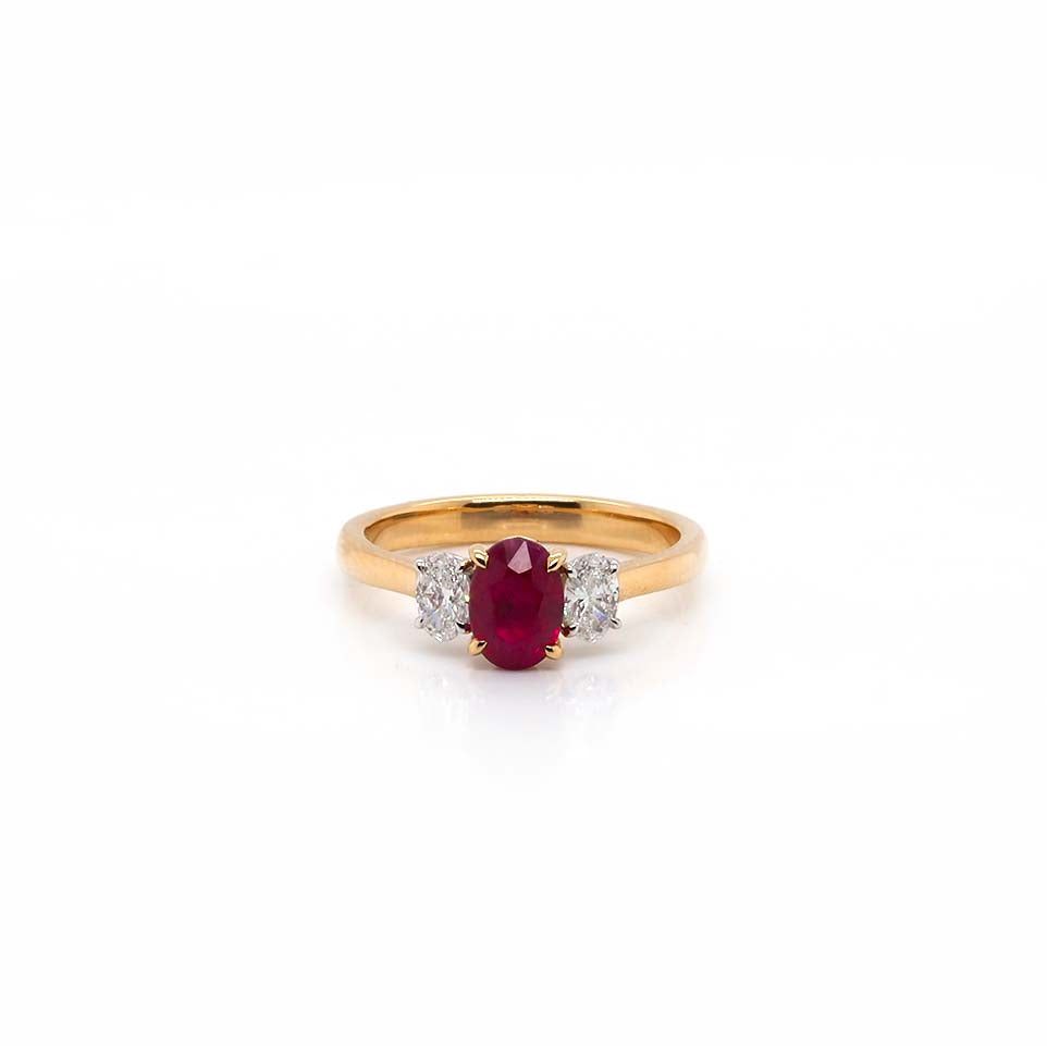 Ogden of Harrogate Jewellery 18ct Yellow Gold Oval Ruby & Diamond Three-Stone Ring