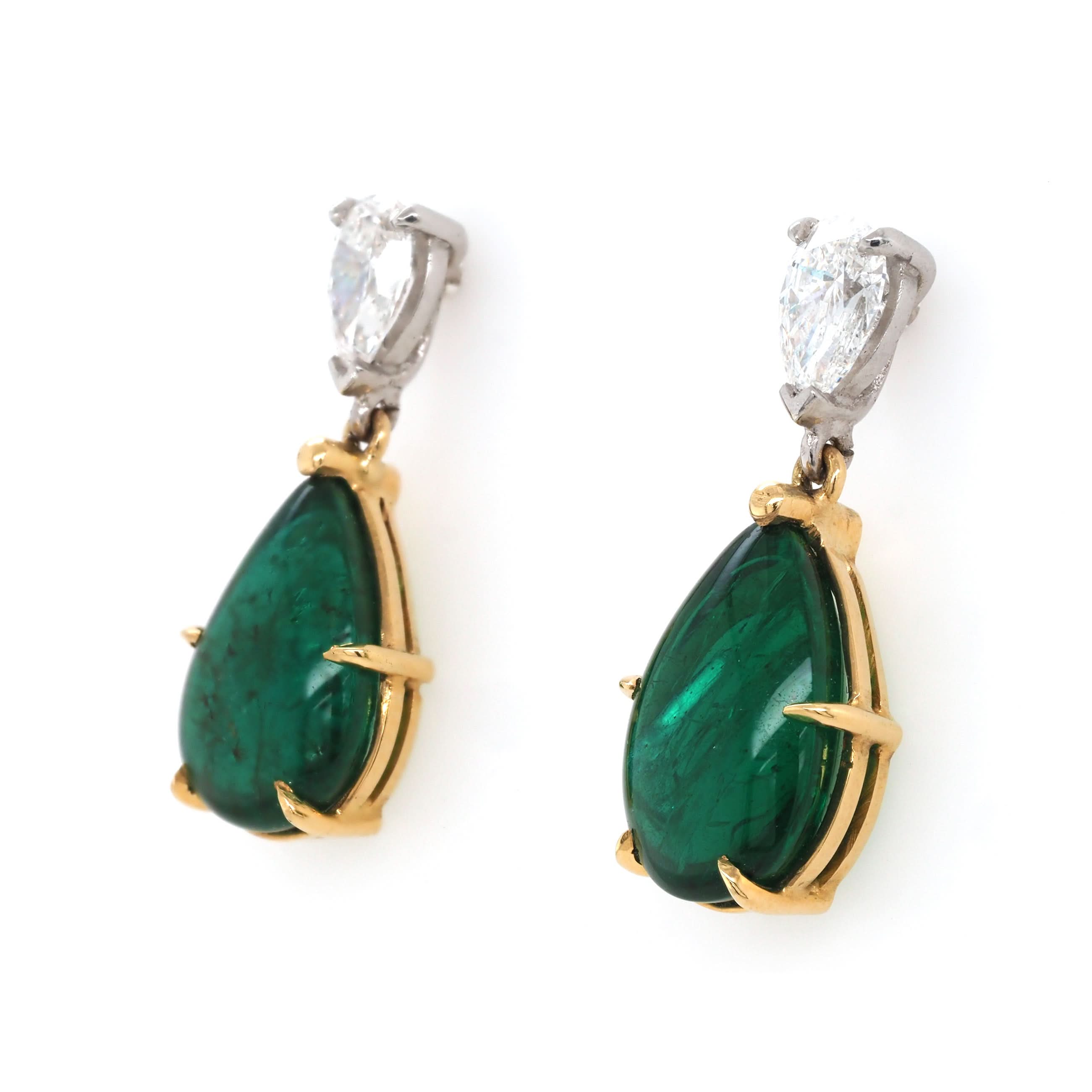Ogden of Harrogate Jewellery 18ct Yellow Gold Pear Emerald and Diamond Drop Earrings