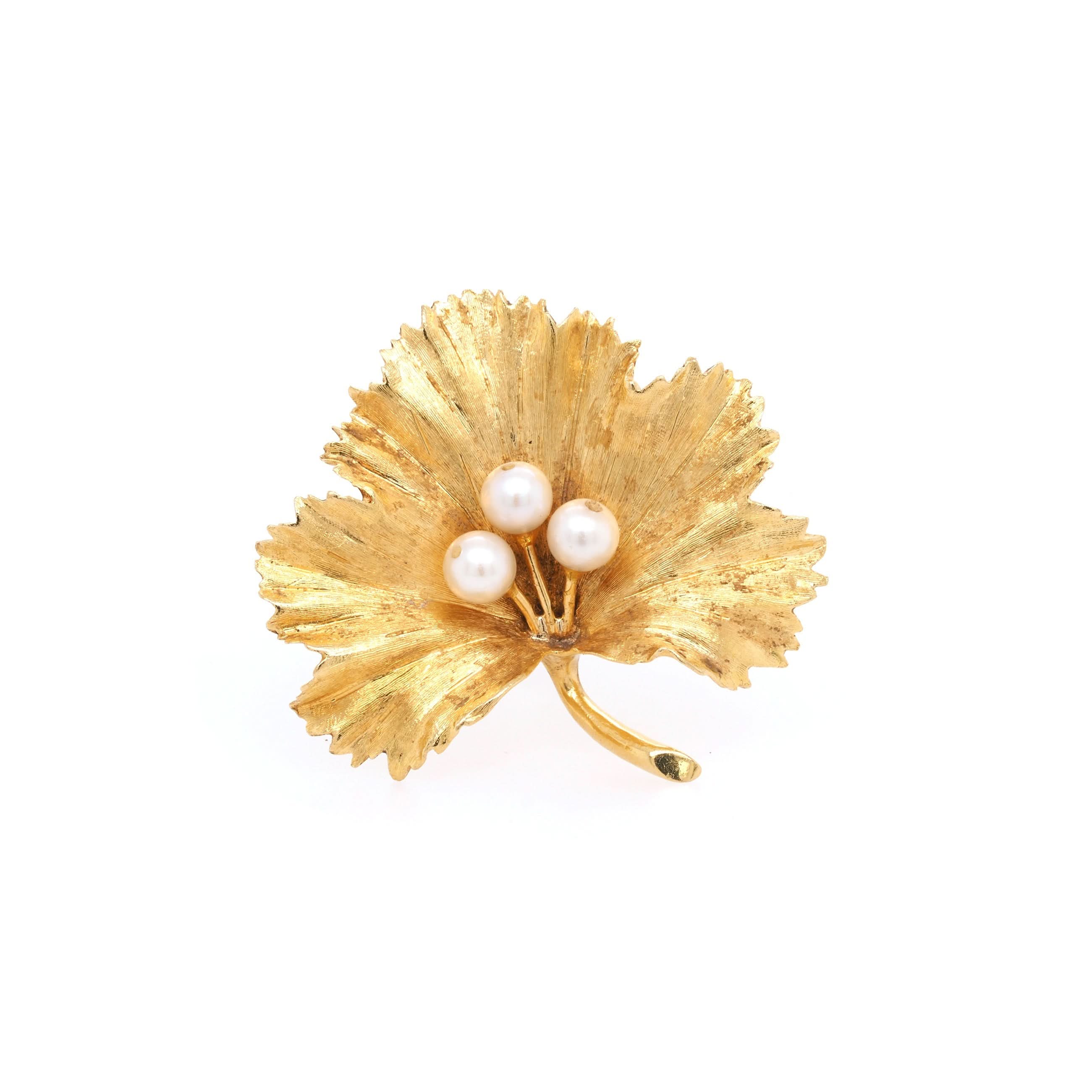 Ogden of Harrogate Jewellery 18ct Yellow Gold Pearl-Set Leaf Brooch, c.1986