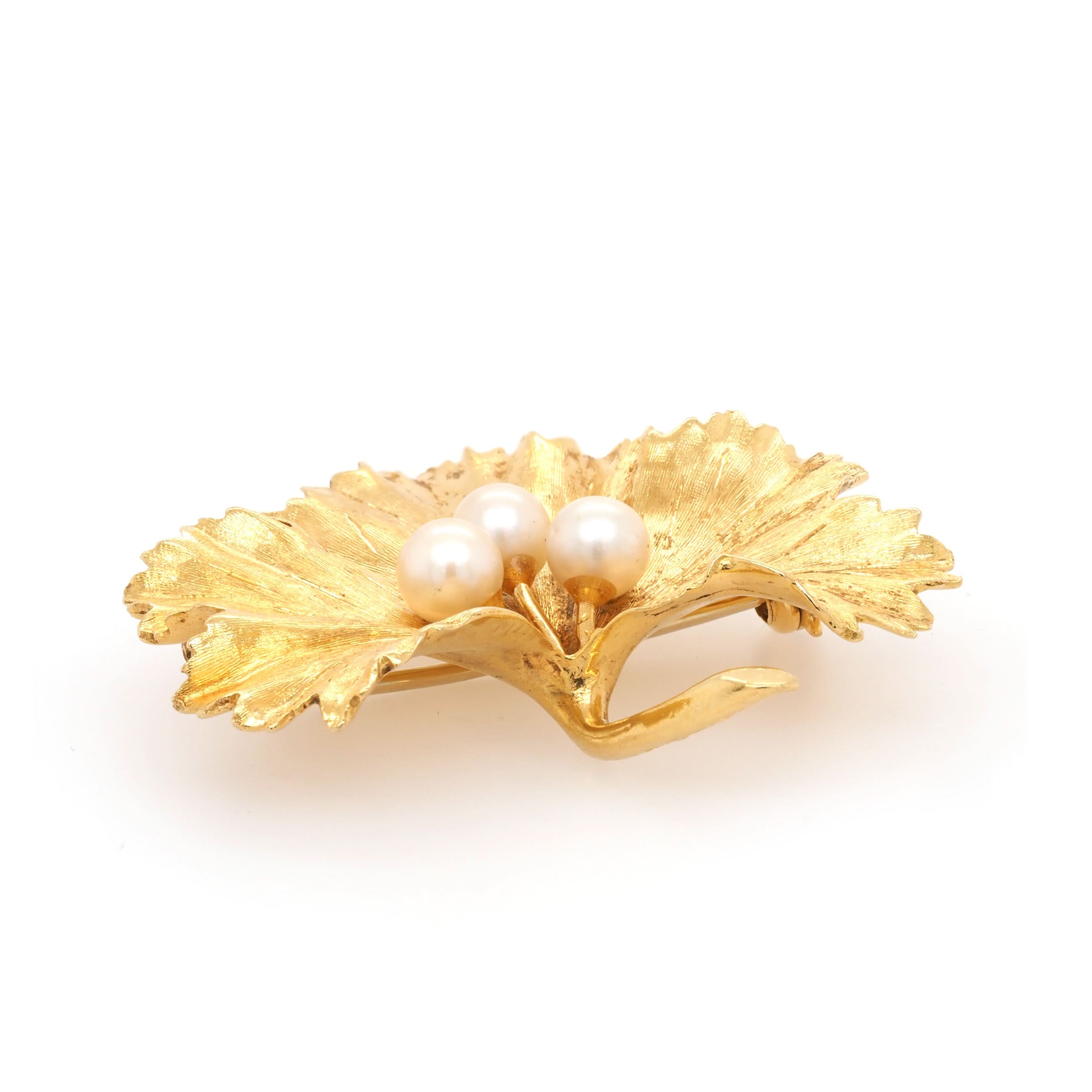 Ogden of Harrogate Jewellery 18ct Yellow Gold Pearl-Set Leaf Brooch, c.1986