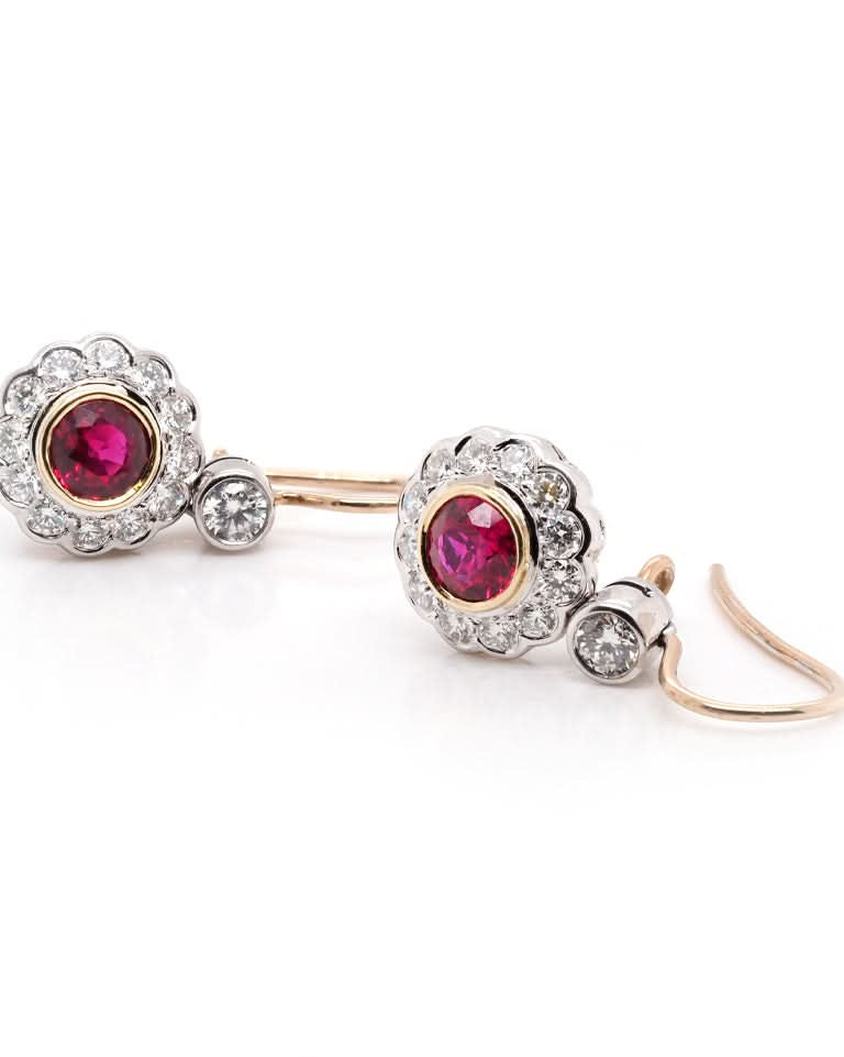 Ogden of Harrogate Jewellery 18ct Yellow Gold Ruby and Diamond Cluster Drop Earrings