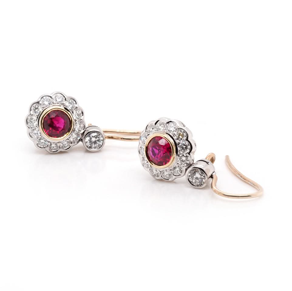 Ogden of Harrogate Jewellery 18ct Yellow Gold Ruby and Diamond Cluster Drop Earrings