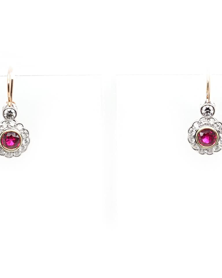 Ogden of Harrogate Jewellery 18ct Yellow Gold Ruby and Diamond Cluster Drop Earrings