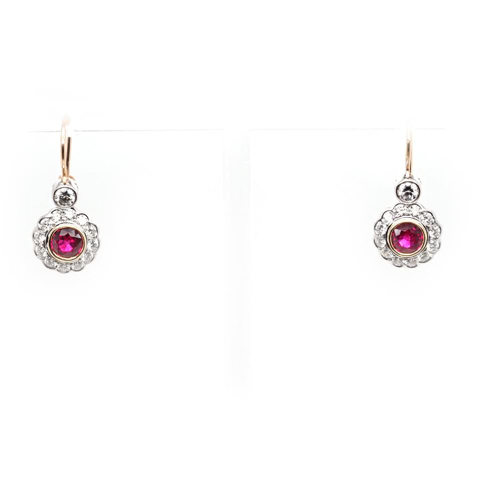 Ogden of Harrogate Jewellery 18ct Yellow Gold Ruby and Diamond Cluster Drop Earrings