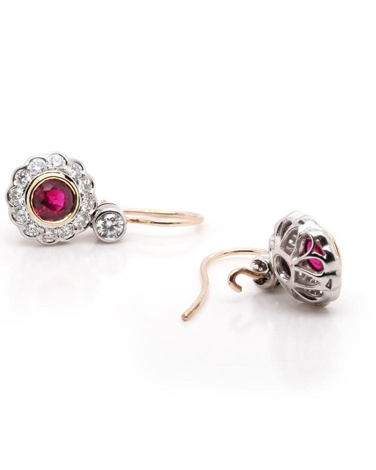 Ogden of Harrogate Jewellery 18ct Yellow Gold Ruby and Diamond Cluster Drop Earrings