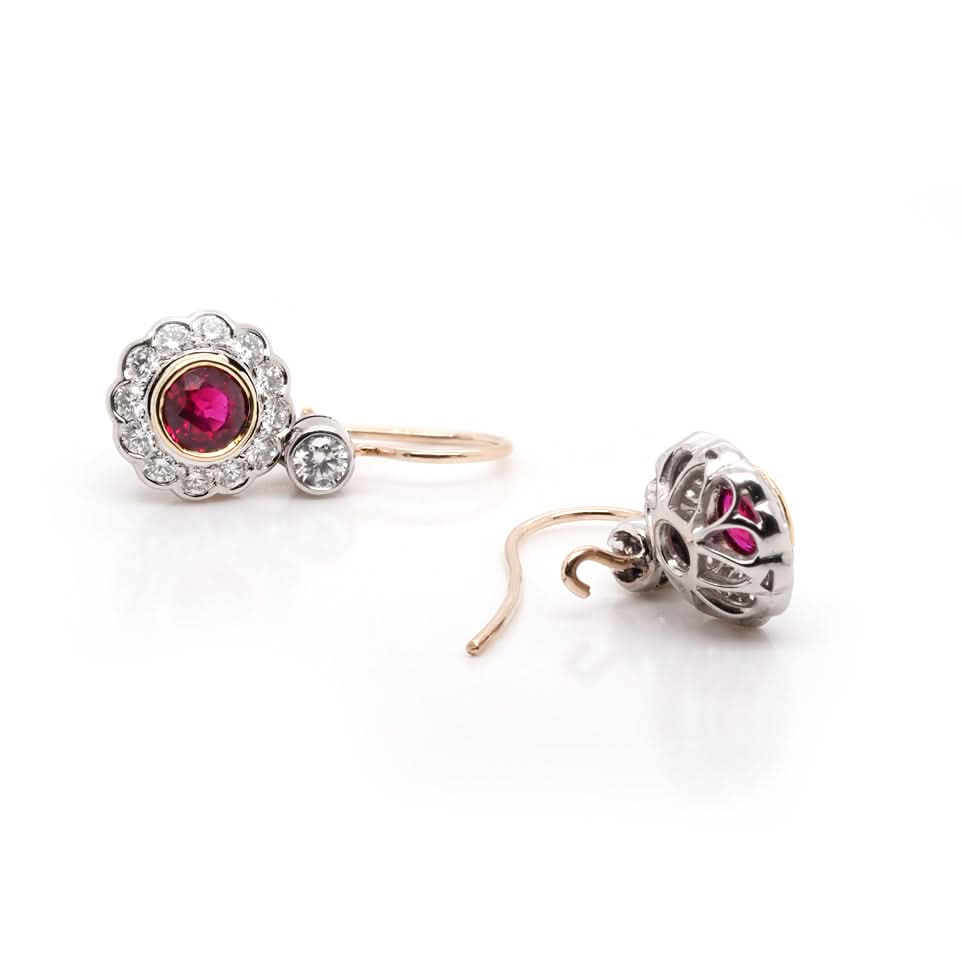 Ogden of Harrogate Jewellery 18ct Yellow Gold Ruby and Diamond Cluster Drop Earrings