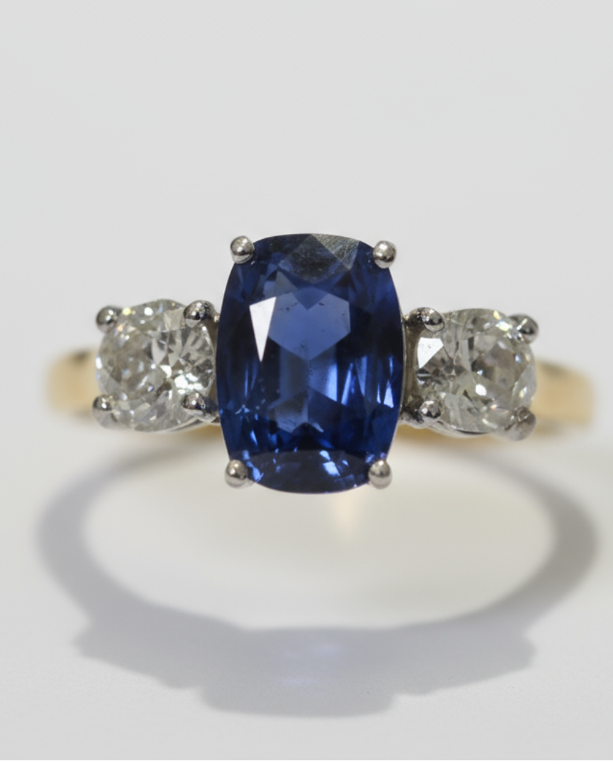 Ogden of Harrogate Jewellery 18ct Yellow Gold Saphire and Diamond Three Stone Ring