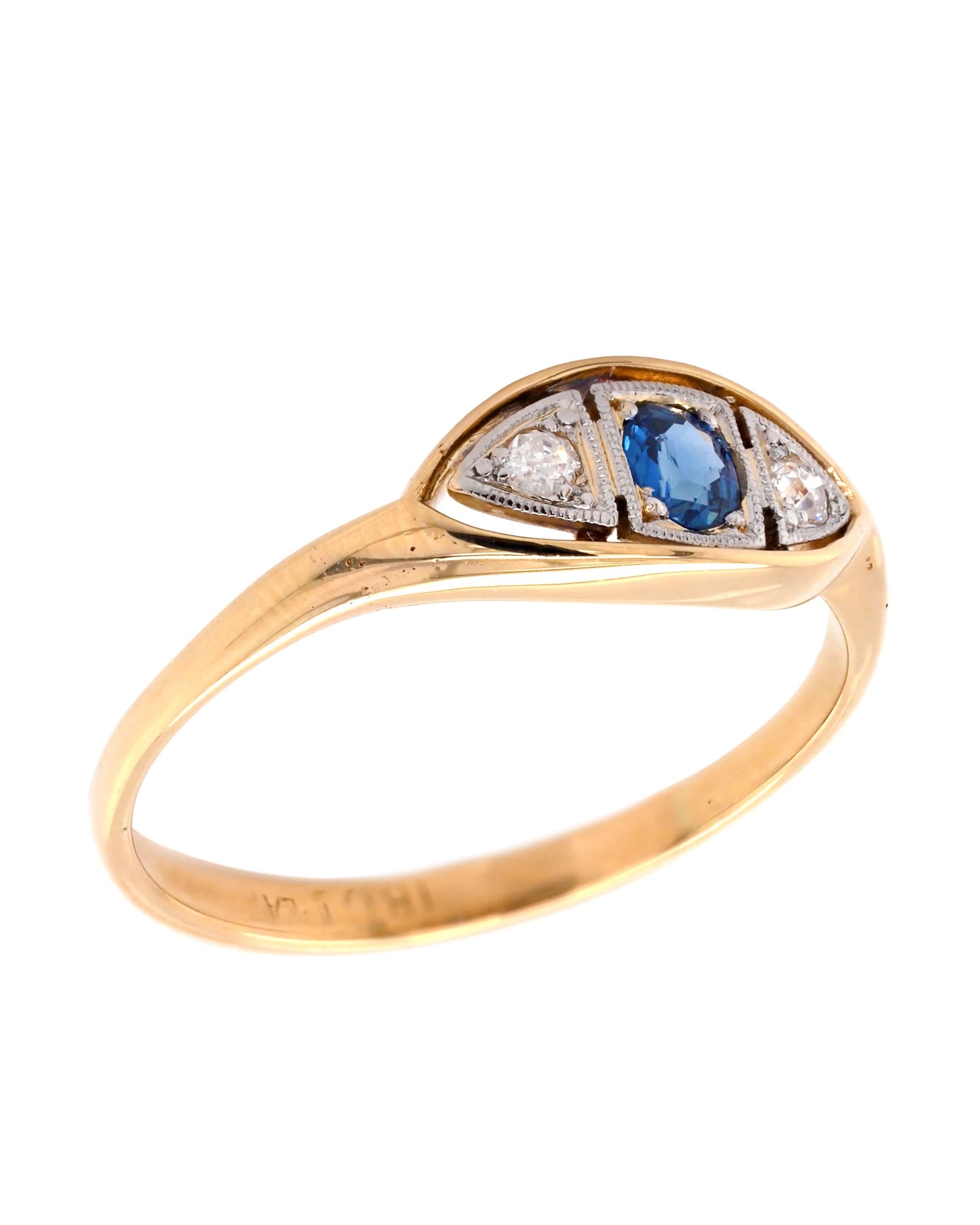 Ogden of Harrogate Jewellery 18ct Yellow Gold Sapphire and Diamond Three-Stone Eye Ring, c.1920