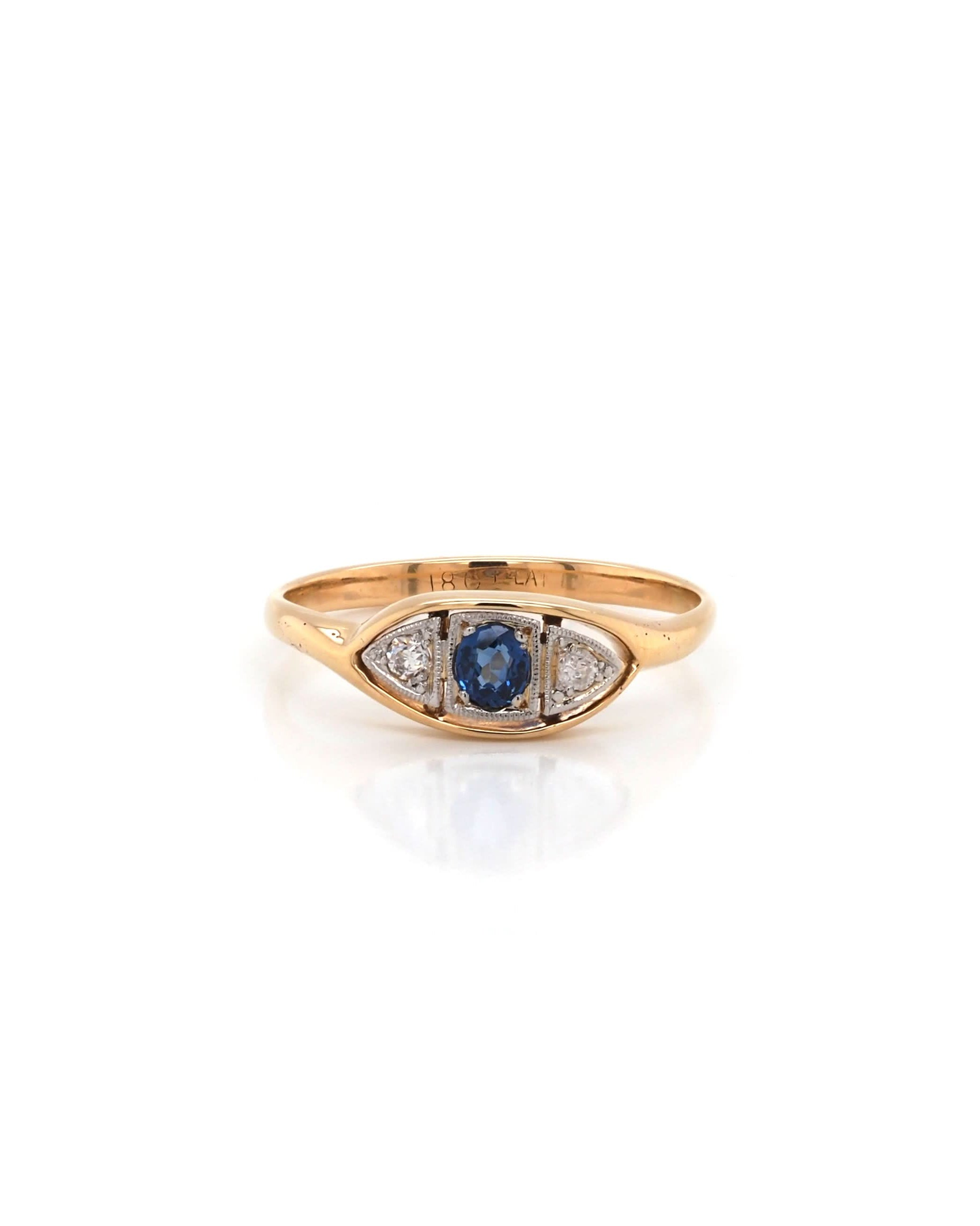 Ogden of Harrogate Jewellery 18ct Yellow Gold Sapphire and Diamond Three-Stone Eye Ring, c.1920