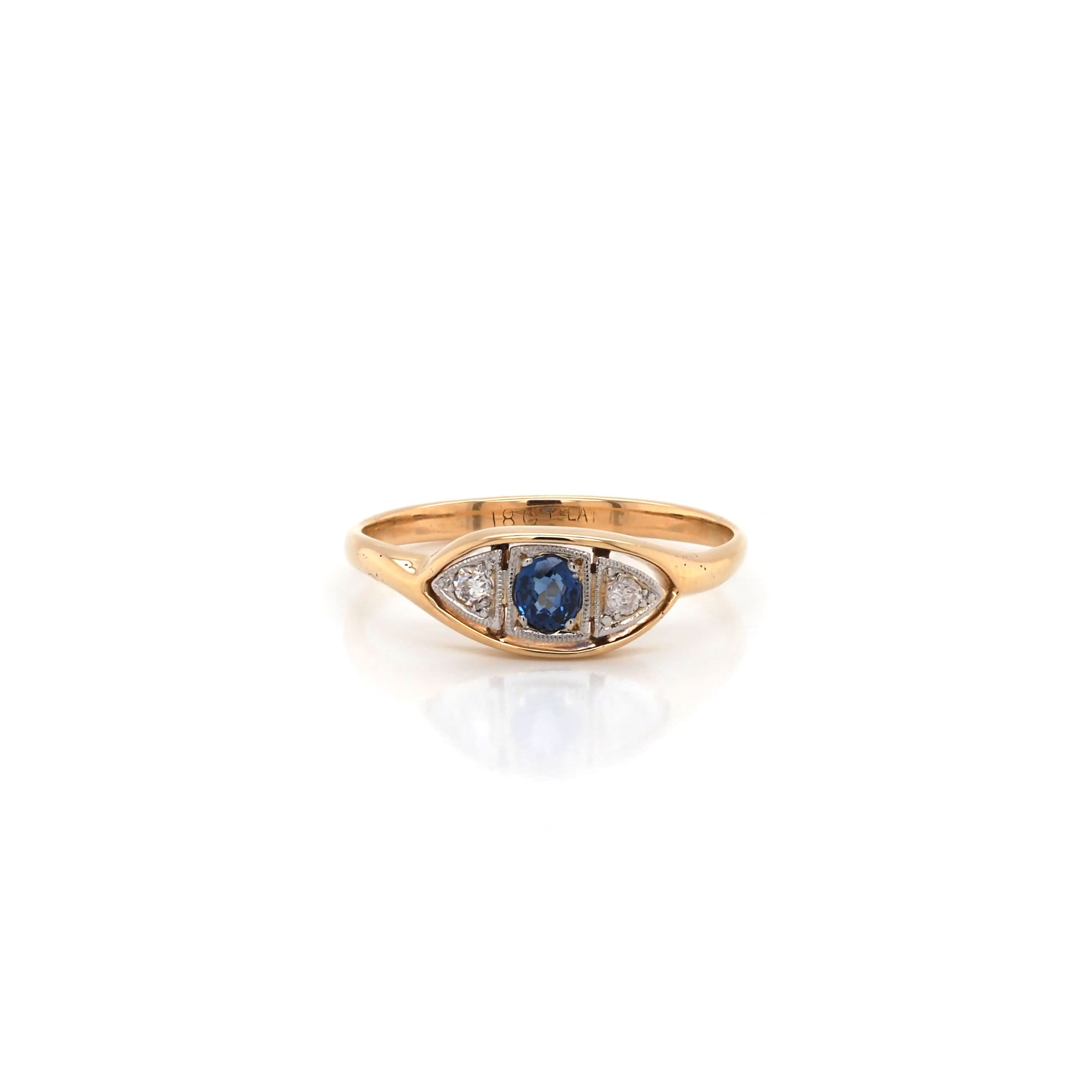 Ogden of Harrogate Jewellery 18ct Yellow Gold Sapphire and Diamond Three-Stone Eye Ring, c.1920
