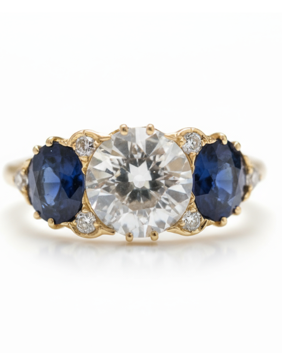 Ogden of Harrogate Jewellery 18ct Yellow Gold Three Stone Diamond and Sapphire Ring