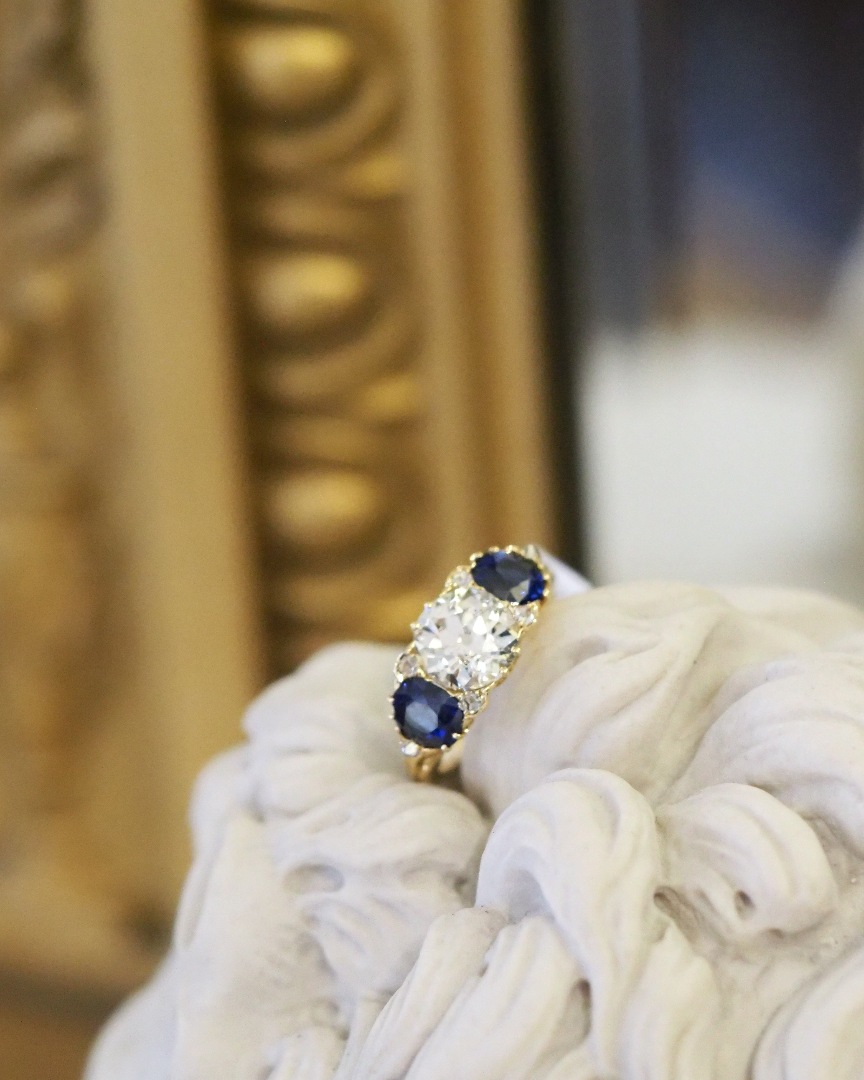 Ogden of Harrogate Jewellery 18ct Yellow Gold Three Stone Diamond and Sapphire Ring