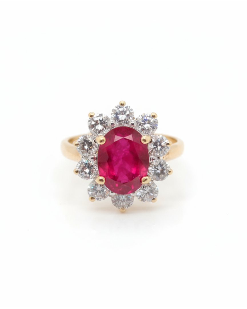 Ogden of Harrogate Jewellery 18k Yellow Gold Ruby and Diamond Oval Cluster Ring