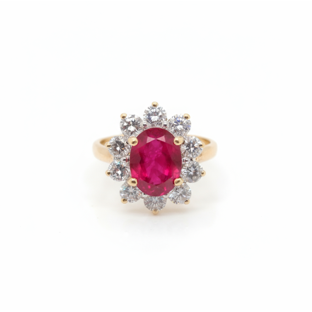 Ogden of Harrogate Jewellery 18k Yellow Gold Ruby and Diamond Oval Cluster Ring