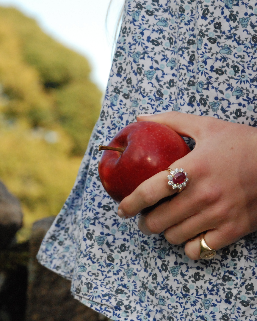 Ogden of Harrogate Jewellery 18k Yellow Gold Ruby and Diamond Oval Cluster Ring