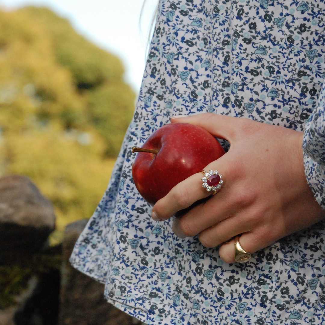 Ogden of Harrogate Jewellery 18k Yellow Gold Ruby and Diamond Oval Cluster Ring
