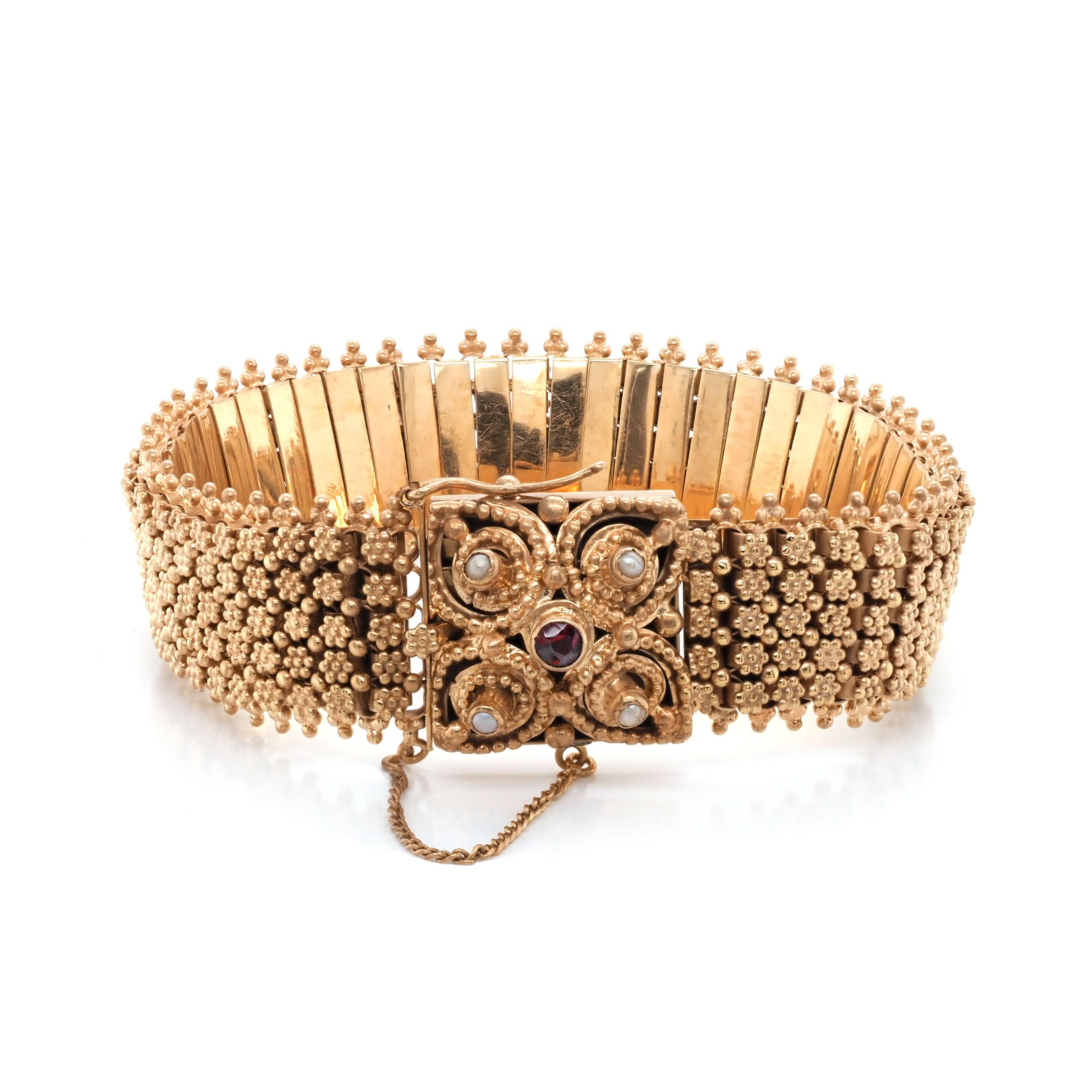 Ogden of Harrogate Jewellery 19.2ct Yellow Gold Ornate Link Wide Bracelet with Red Stone and Seed Pearl Set Clasp