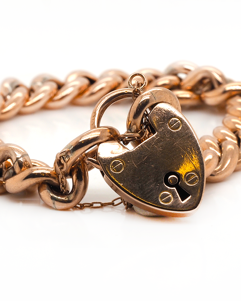 Ogden of Harrogate Jewellery 9ct Rose Gold Chunky Curb Chain Bracelet with Heart Clasp