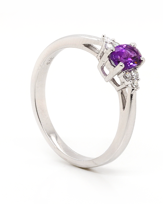 Ogden of Harrogate Jewellery 9ct White Gold Oval Amethyst & Trefoil Diamond Shoulder Ring