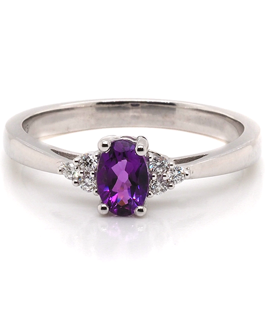 Ogden of Harrogate Jewellery 9ct White Gold Oval Amethyst & Trefoil Diamond Shoulder Ring
