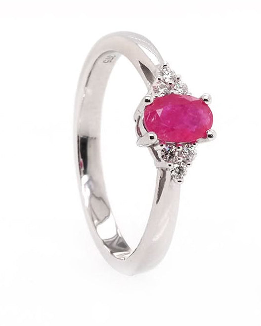 Ogden of Harrogate Jewellery 9ct White Gold Oval Ruby Ring with Trefoil Diamond-Set Shoulders