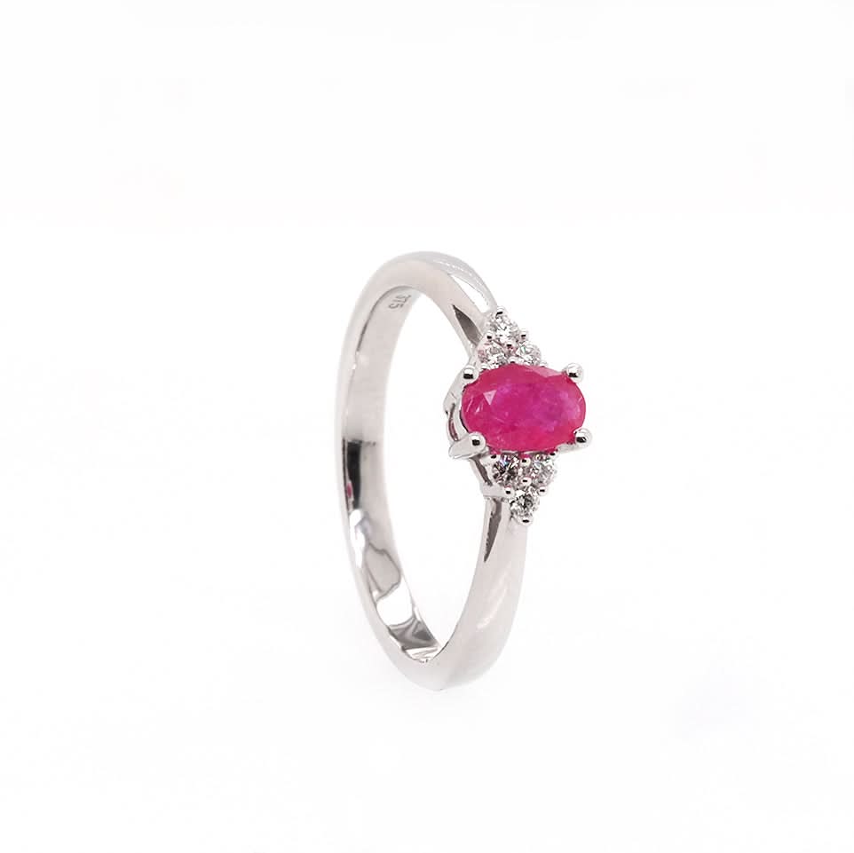 Ogden of Harrogate Jewellery 9ct White Gold Oval Ruby Ring with Trefoil Diamond-Set Shoulders