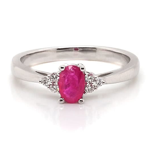 Ogden of Harrogate Jewellery 9ct White Gold Oval Ruby Ring with Trefoil Diamond-Set Shoulders