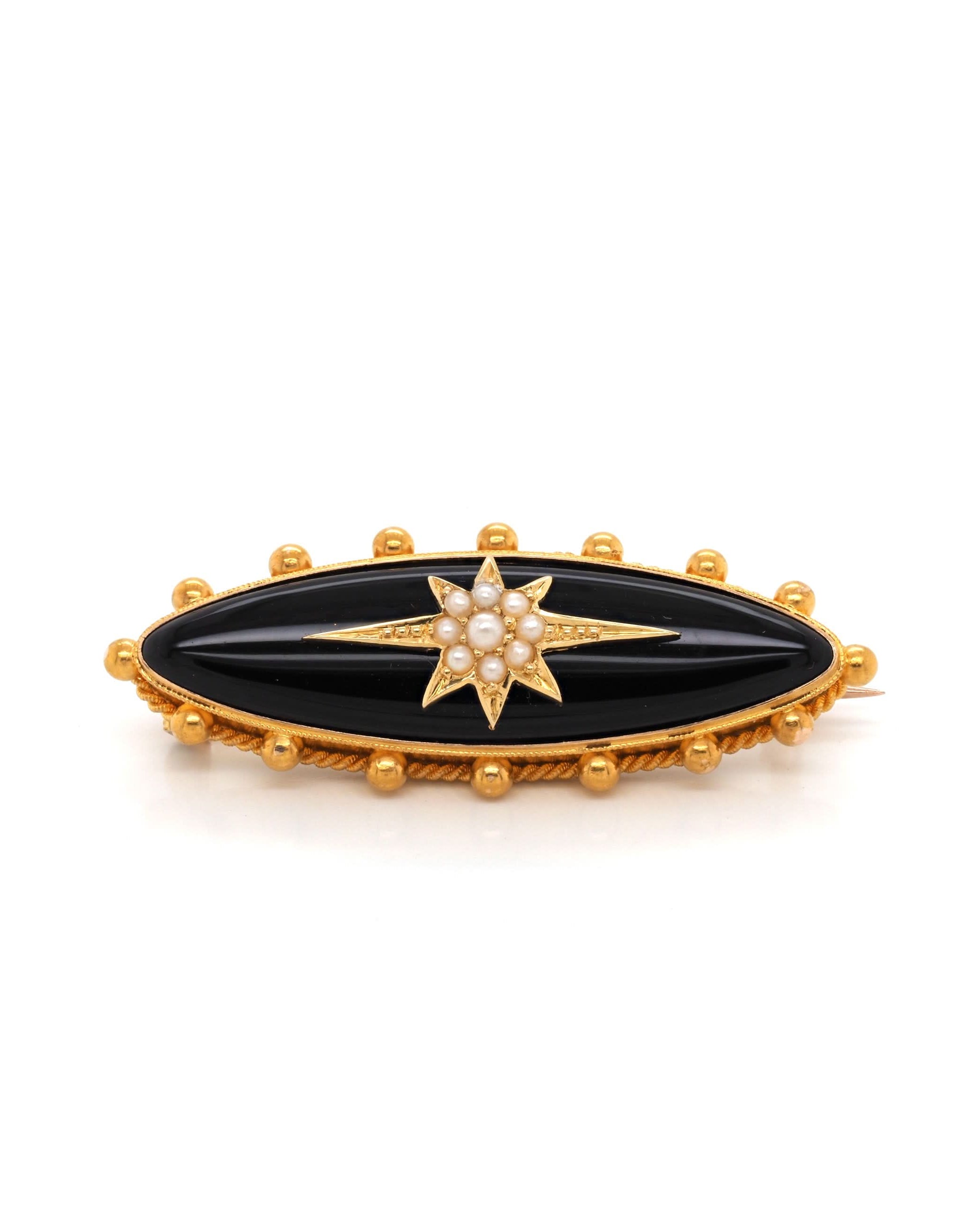 Ogden of Harrogate Jewellery 9ct Yellow Gold and Black Enamel Pearl-Set Oval Mourning Brooch, c.1900