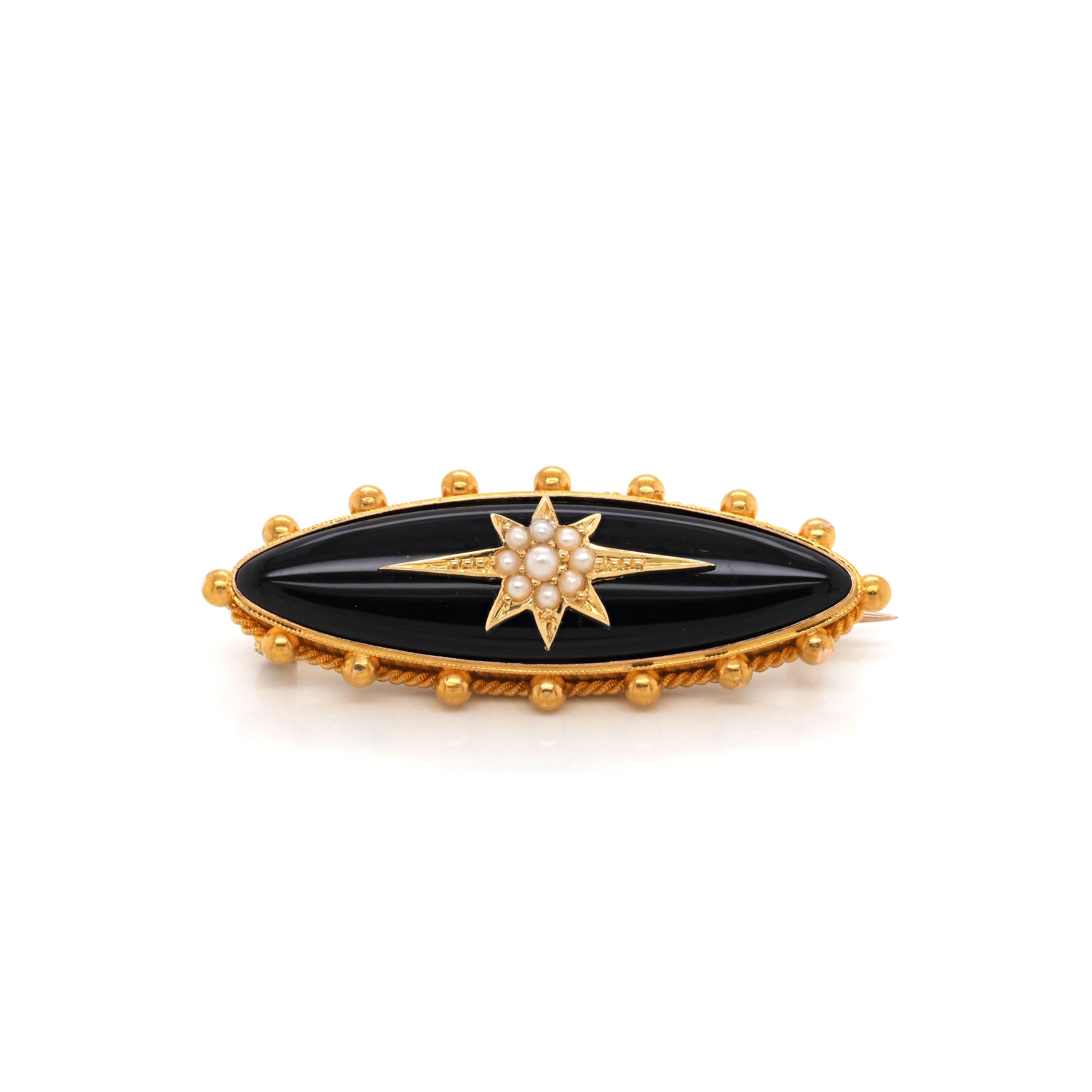 Ogden of Harrogate Jewellery 9ct Yellow Gold and Black Enamel Pearl-Set Oval Mourning Brooch, c.1900