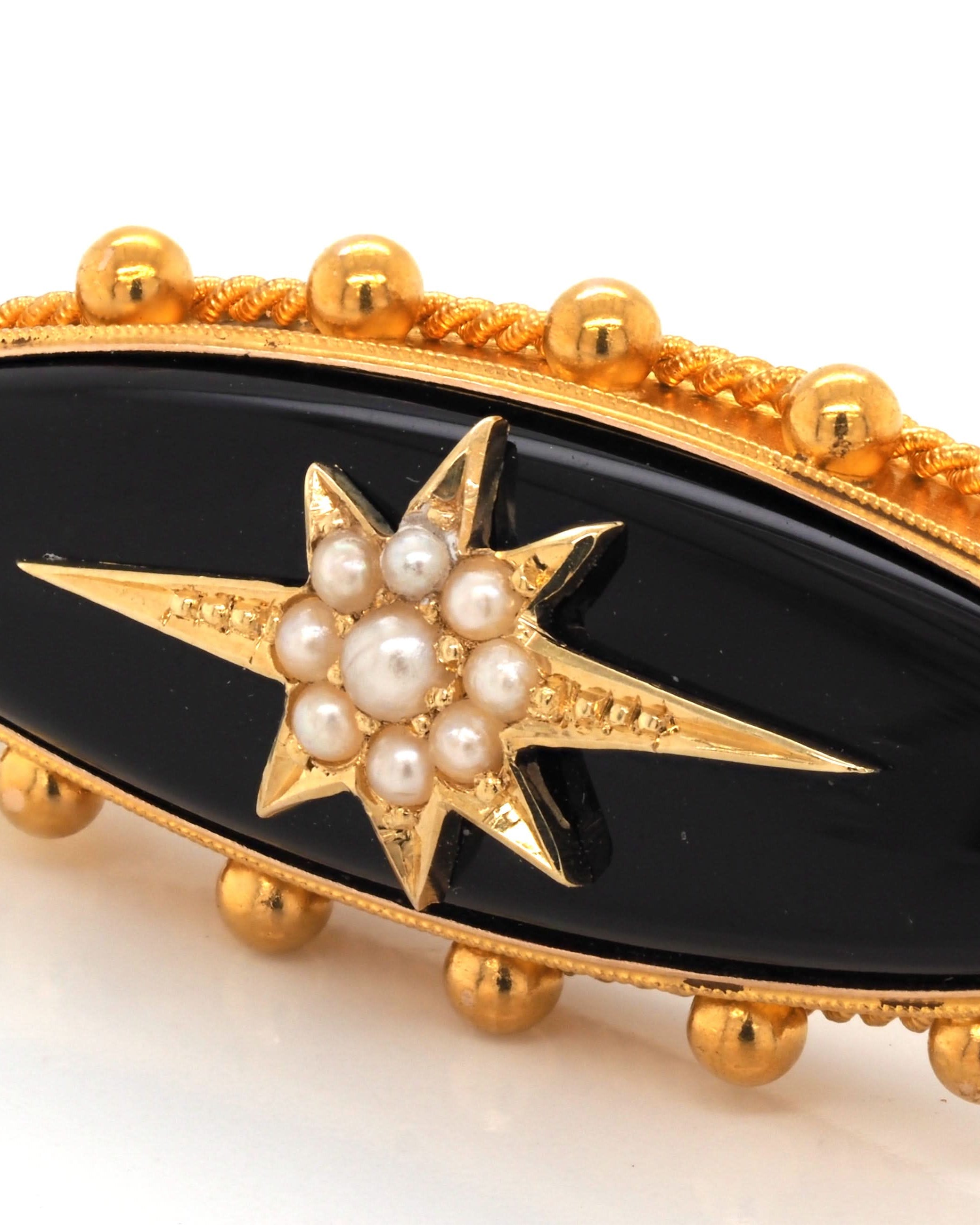 Ogden of Harrogate Jewellery 9ct Yellow Gold and Black Enamel Pearl-Set Oval Mourning Brooch, c.1900