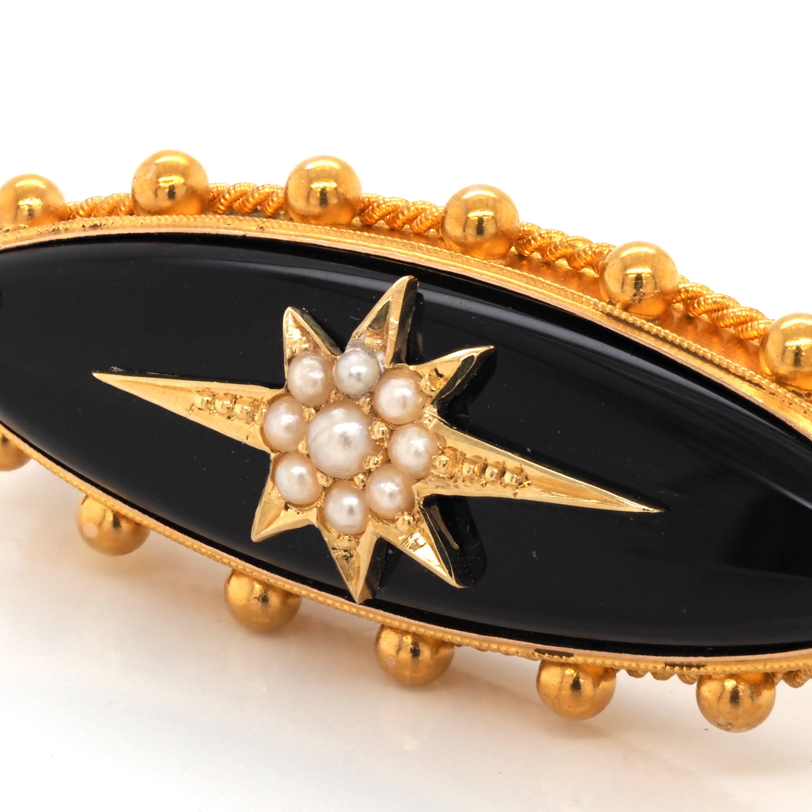 Ogden of Harrogate Jewellery 9ct Yellow Gold and Black Enamel Pearl-Set Oval Mourning Brooch, c.1900
